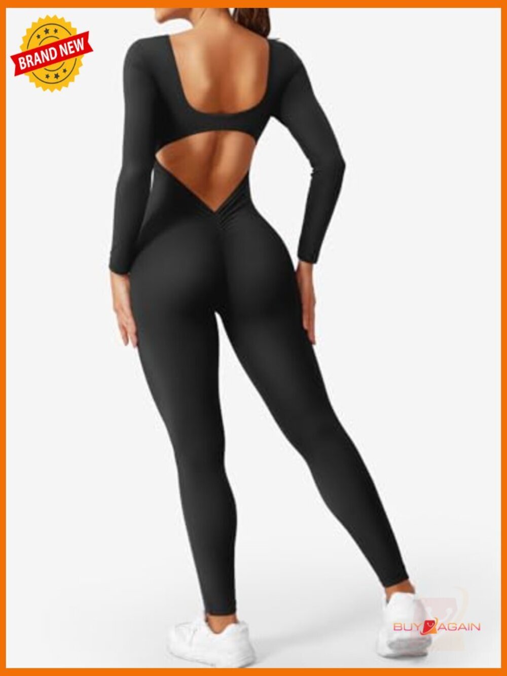 Long Sleeve V Back Scrunch Butt Jumpsuit Workout Bodysuit Romper - Picture 5 of 7